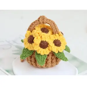 Handmade Crochet Sunflower Basket Mirror Hanging Accessories with Yellow Flowers & Green Leaves for Car Decor or Gift Idea