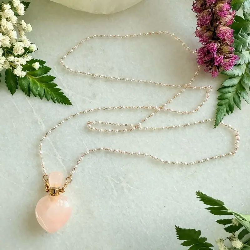 Cottagecore Jewelry, Faithful Jewelry, Rose Quartz Heart Shaped Necklace, Essential Oil Necklace