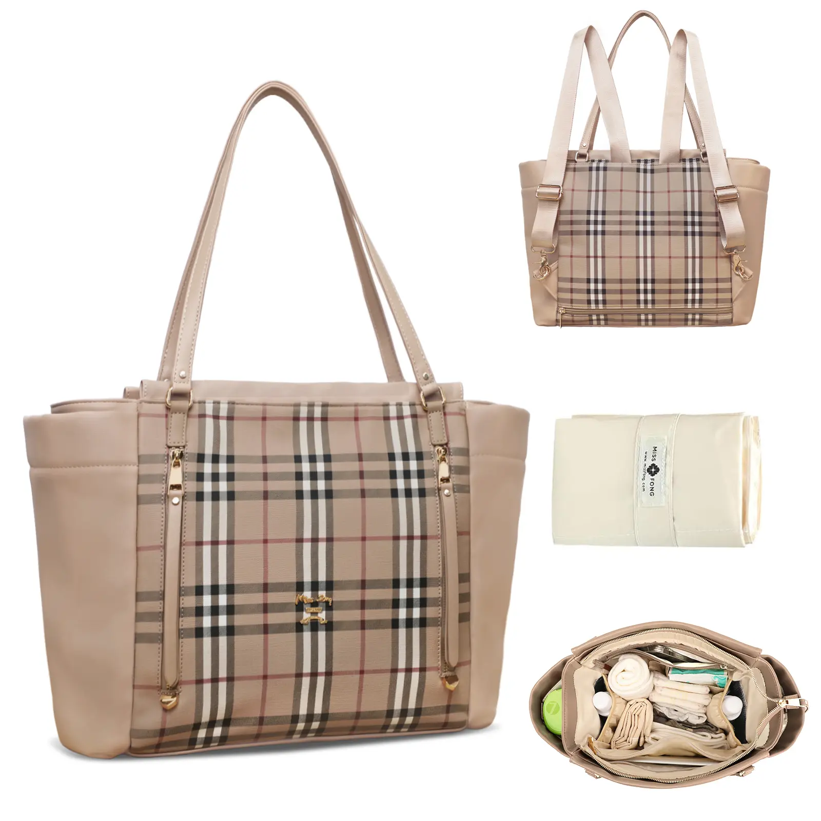 Miss Fong Geometric Hospital Bag For Mom, Tote Bag For Women & Convertible Backpack, Large Capacity Mom Diaper Bag with Stroller Straps & Portable Changing Pad, Carry Luggage Travel Bag for Family Trip, Newborn Baby Shower Gift, Pregnancy, Mom To Be sohoc
