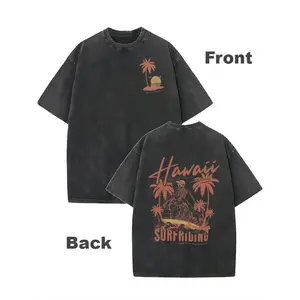 Men's Vintage Washed Cotton T-Shirt, Double Sided Summer Coconut Tree & Surfboard Print, Crew Neck Casual Tee, Perfect for Spring, Summer, Vacation and Holiday Gifts