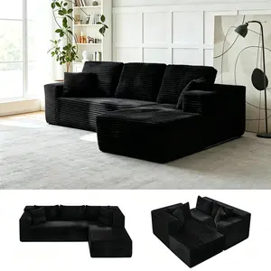 Boneless Cloud Compression Sectional Sofa, Corduroy L-Shaped Chaise Couch in a Box, No Assembly Modular Sleeper with High-Density Foam for Small Apartment Living Room Cloud Sofa Chenille memory bag bean