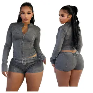Sexy Denim Womens 2 Two Piece Set Stretchy Long Sleeve Zip Up Slim Jackets and Shorts Suits Y2k Streetwear Belt Jean Outfit Sets Clothes Casual Basic Womenswear Gamis