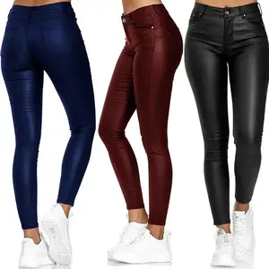 Solid Color Leather Casual Pants, Women'S Pants, High Waisted Tight Zipper Pocket Pants