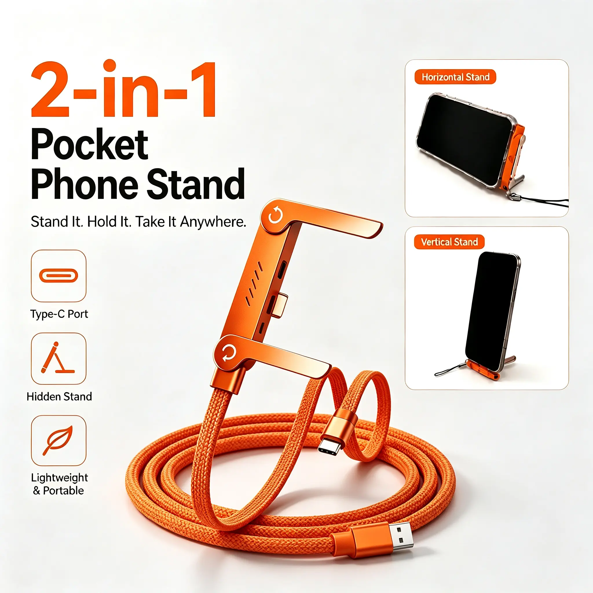 Invisible Foldable Phone Stand Cable with 240W Type-C Fast Charging – Ultimate 2-in-1 Charging Kit for Travel, Gaming & Work