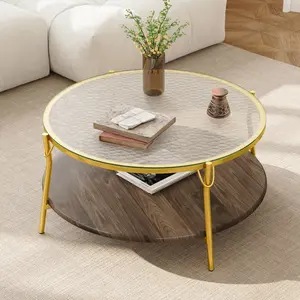 Modern Round Walnut 2-Tier Coffee Table | Glass Top + Gold Base | Space-Saving Storage for Small Living Room, Walnut & Gold
