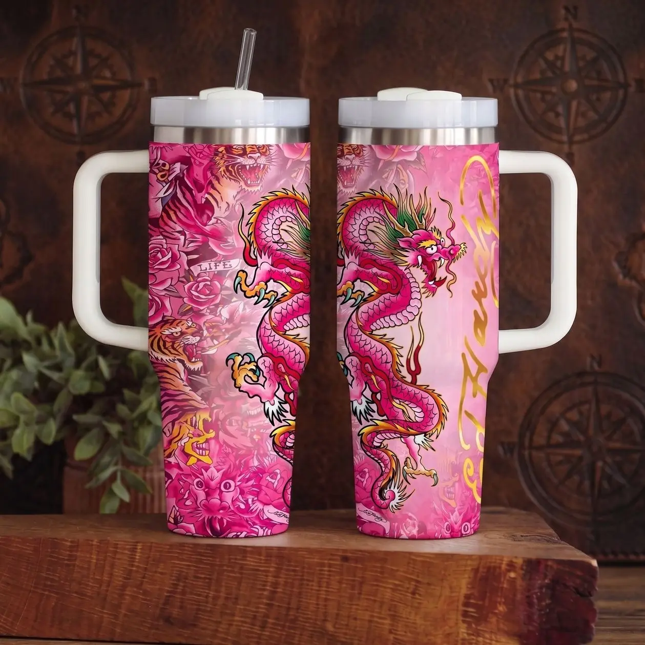 Y2k Trendy Tiger Ed Hardy 40oz Stainless Steel Tumbler with Handle and Straw | Vintage Asian Tattoo Travel Mug Cup