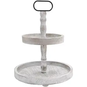 2 Tiered Tray Stand for Home Decor, Wooden Serving Tiered Tray for Coffee Bar Table Centerpiece, Decorative Trays Kit for Countryside, Round Rustic Stand for Cake Cupcake(White)