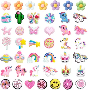 44pcs Cute Pink Flower Unicorn Cartoon Silicone Shoe Charms Set Fit for Clog Decoration Girls Women Gift Party Favors Waterproof Shoe Decoration Charm