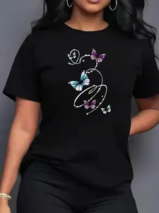 T-Shirt Bercetak Corak Rama-Rama, T-Shirt Lengan Pendek Wanita Selesa, Reka Bentuk T-Shirt Wanita Bercetak Sukan Inggeris, T-Shirt Atasan Wanita