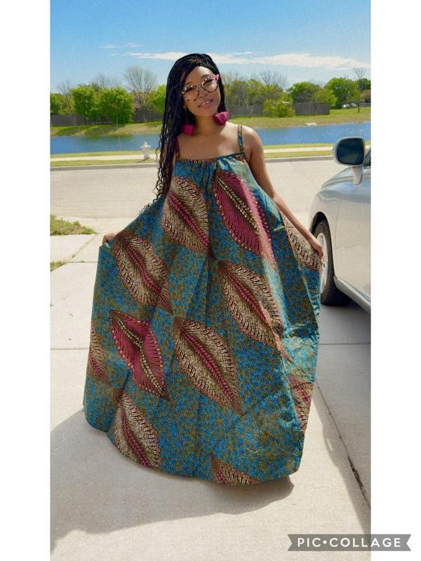 Ankara ACHALUGO DRESS in Vibrant Blue & Green with Free Matching Rattan Earrings for Stylish Outfits - Casual Womenswear