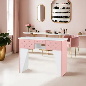 BarberPub Glass-Top Manicure Table with Leather Padding, Modern Beauty Nail Station 2675