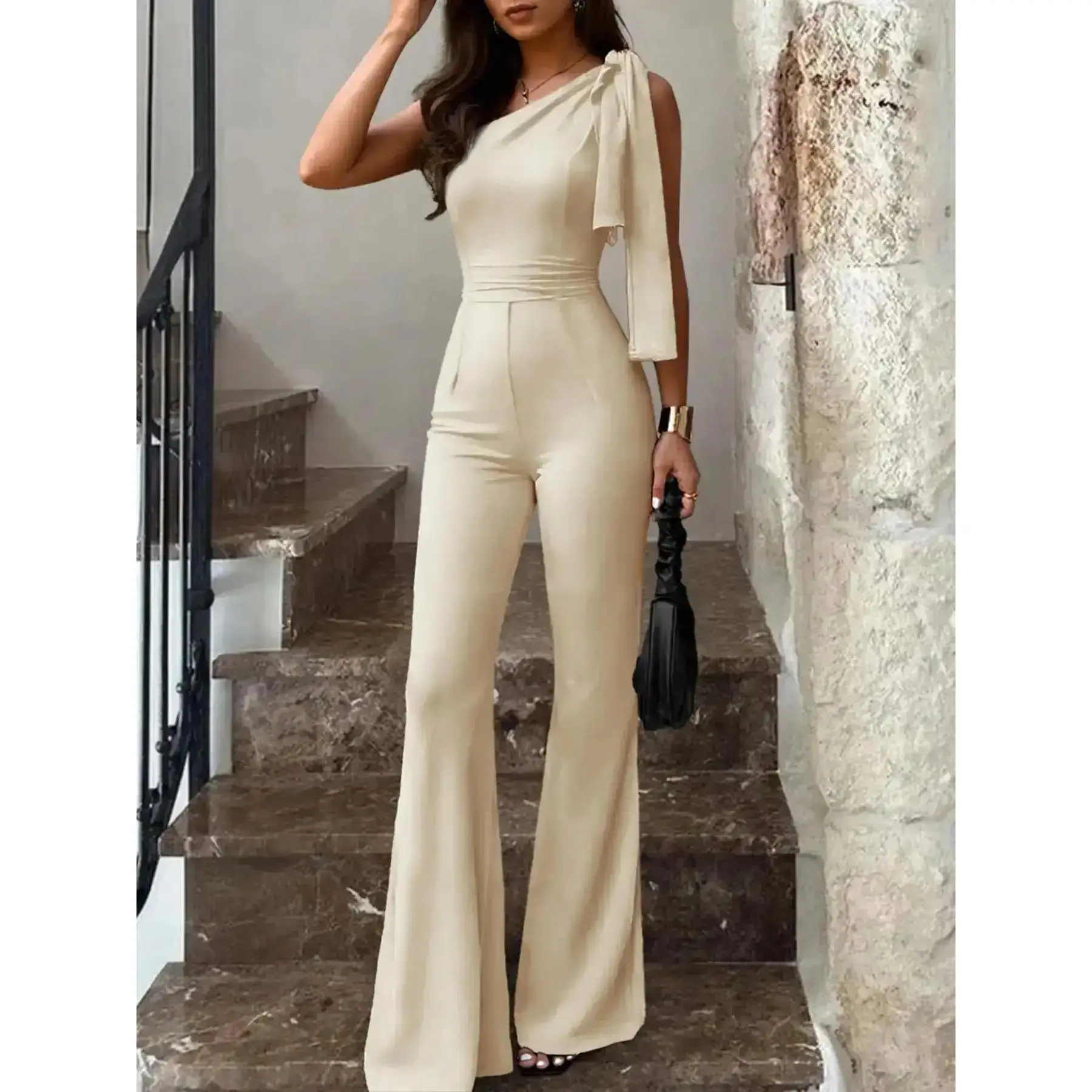 Women Asymmetrical One Shoulder Slim Fit Jumpsuit 2026 Black Wide Leg Flared Bow Tie High Waist Formal Evening Party One Piece