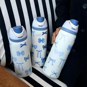 Bow Pattern Stainless Steel Vacuum Flask, 1 Count Portable Insulated Water Bottle with Straw, Leakproof Tumbler, for Home Office School Outdoor Camping, Insulated Travel Drinkware, Reusable Thermos Cup, Insulated Cups