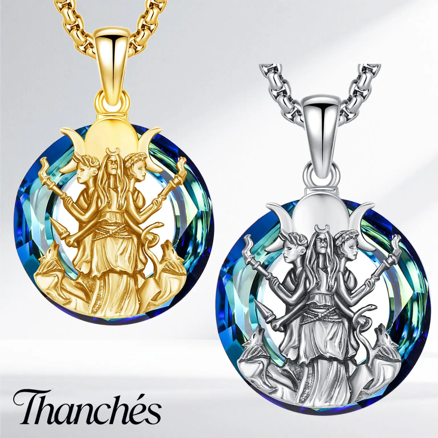 Thanches Hecate Wiccan Triple Moon Goddess Necklace S925 Sterling SIlver Crystal Hekate Mystical Amulet Witchy Jewelry Gifts for Women Men