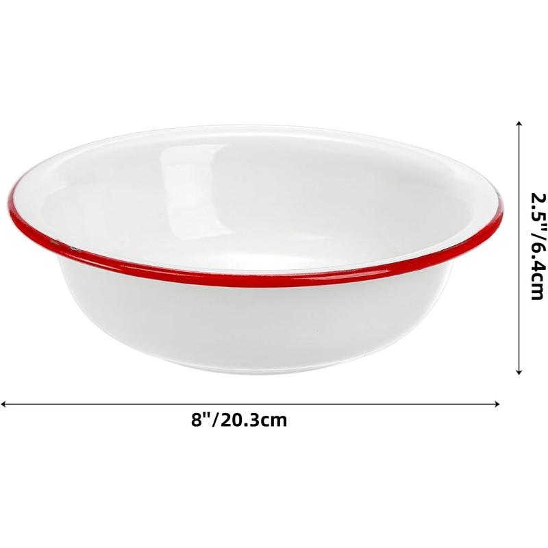 3 Pack 8 Inch Enamel Bowl, 34 Oz Large Enamel Mixing Bowl Wide Enamel Salad Bowl with Red Rim,  White Enamelware for Soup, Fruit, Pasta