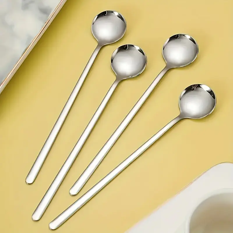 Set of 4 Coffee Spoons, Silver Teaspoons with Long Handles, Mixing Spoons Made of Food-Grade Steel Utensils, Kitchenware