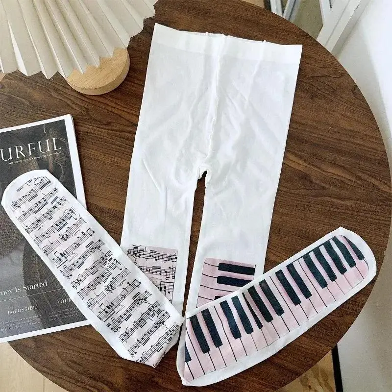 Y2k Fashion Music Note-Patterned Piano Tights, Gothic Black White Ultra-Thin 1-Size Girls' Stockings for Holiday Party