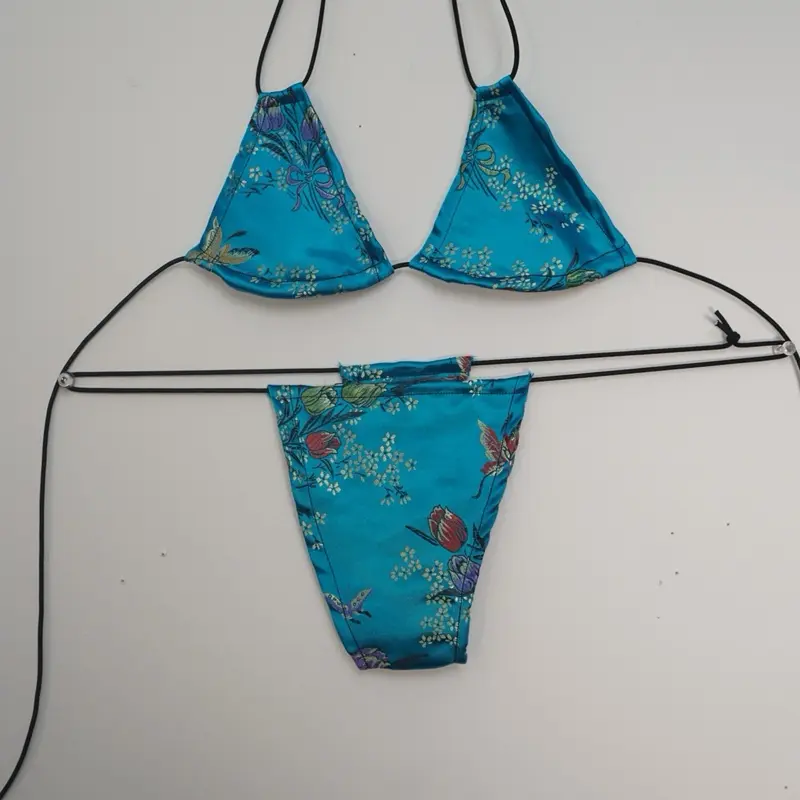 Tamakichi IVHONEY micro kini set blue UNIQUE thong bottom triangle top with floral design and adjustable straps Bikini Swimsuits