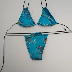Tamakichi IVHONEY micro kini set blue UNIQUE thong bottom triangle top with floral design and adjustable straps Bikini Swimsuits