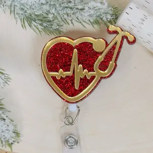 Red Stethoscope and heartbeat badge reel Christmas Edition , nurse badge reel