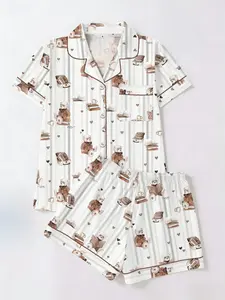 Vintage Bear Print Pajama Set, Short Sleeve T-Shirt & Shorts, Two-Piece Sleepwear, Casual Home Wear, Loungewear, All Seasons