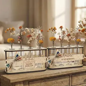 Dry Flower & Hydroponic Plant Stand for Flower Arrangement (includes 4 Test Tubes), Birthday Wooden Holder, Mother's Day Gift, Easy Assembly Home Decor