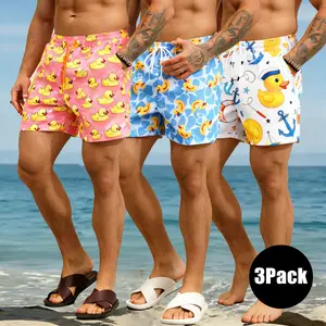 Men's Nautical Duck Print Beach Shorts, Quick Dry Drawstring Summer Vacation Swim Shorts