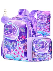 3Pcs Mermaid Backpack for Girls, 16" Kids Fishtail Bookbag with Lunch Box, Cute Schoolbag for Preschool Kindergarten Toddler(Rainbow)