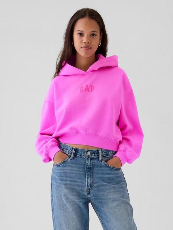 GAP VintageSoft Crop Logo Hoodie - Soft Cotton Blend Fleece, Long Sleeves, Banded Cuffs, Neon Pink Style, Medium Size
