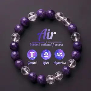Hcrystyle Air signs Bracelet- Natural Charoite & Clear Quartz combination Designed for Air signs to enhance Intellect, Rational & Freedom energy - Gift for love ones/ friends- birthday/ anniversary gift | 8mm beads 6.5-7.5 inches men