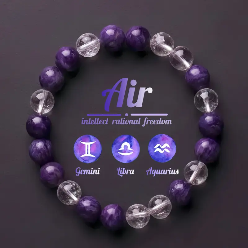 Hcrystyle Air signs Bracelet- Natural Charoite & Clear Quartz combination Designed for Air signs to enhance Intellect, Rational & Freedom energy - Gift for love ones/ friends- birthday/ anniversary gift | 8mm beads 6.5-7.5 inches men