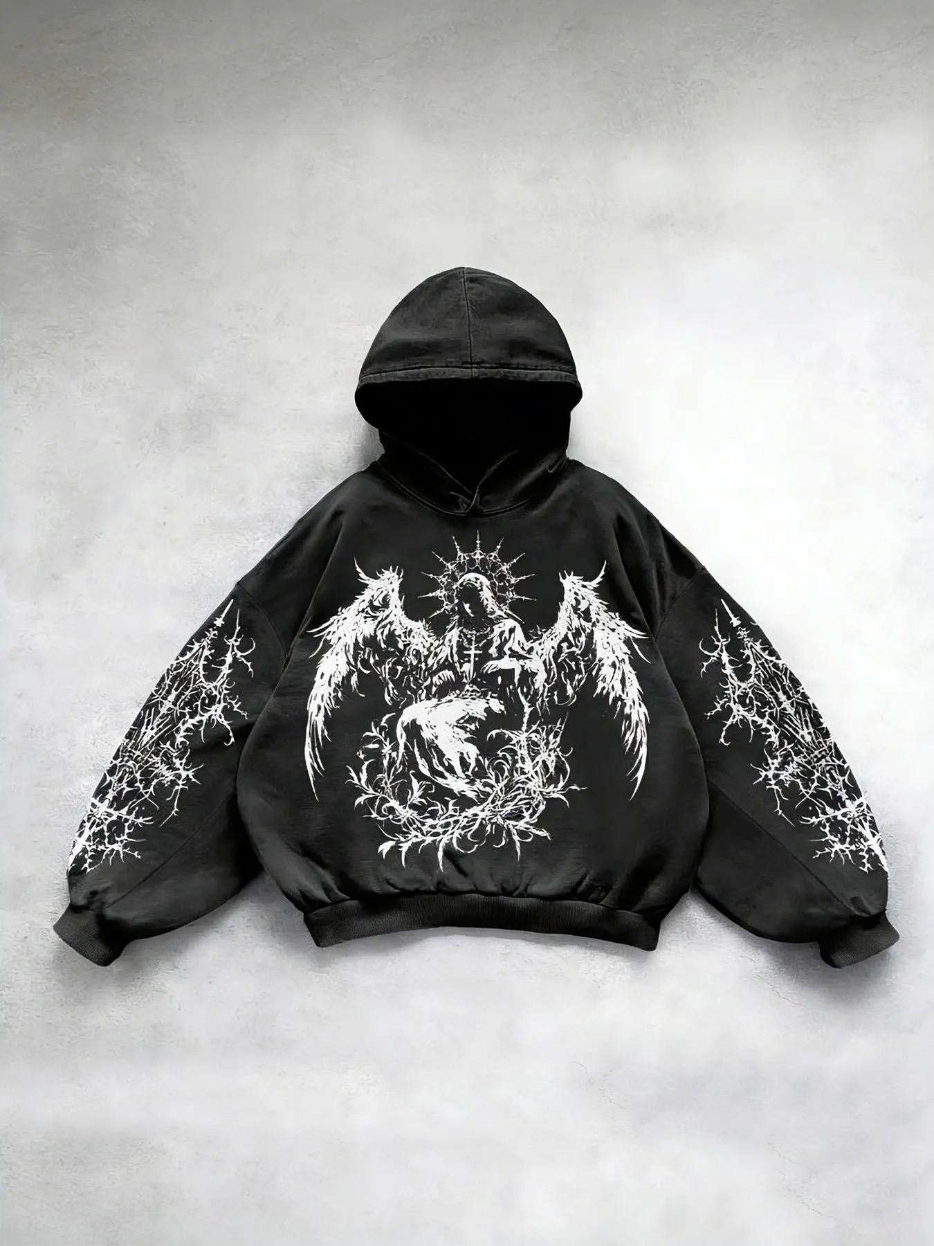 Men's Loose Long Sleeve Hoodie Set with Geometric Graphic Gothic Demon Wings Print, Cross Print Hoodie, Dark Street Style, Casual Fit, Spring & Fall Fashion Sweatshirts