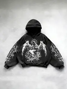 Men's Loose Hoodie Set with Gothic Demon Wings Print, Dark Street Style, Casual Fit, Spring & Fall Fashion