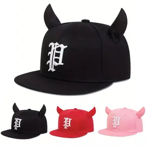 Adjustable Gothic P Letter Horn Embroidered Hip Hop Hat Turning Hat Baseball Cap Trucker Hat for Casual Outdoor Use, Unisex Sun Protection
