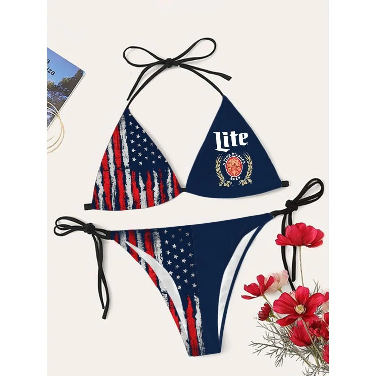 Miller Lite American Flag  Drinking Triangle Bikini Set OUY