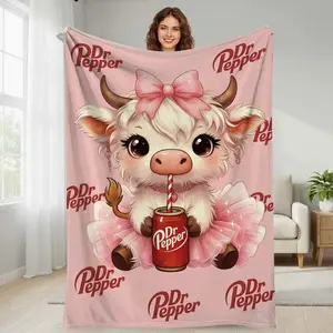 Dr Pepper Cute Cow Flannel Blanket Pink Bow Soda Drink Print Soft Cozy Plush Blanket Lightweight Warm Throw for Sofa Bedroom Office Travel Gift Decor