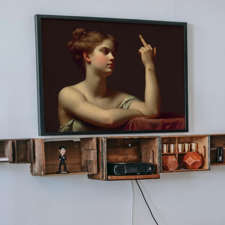 Woman with Middle Finger Funny Wall Art, Eclectic Wall Art, feminist wall art, alter vintage , Funny meme poster, funky wall art, Girly Room Decor, Gift for her