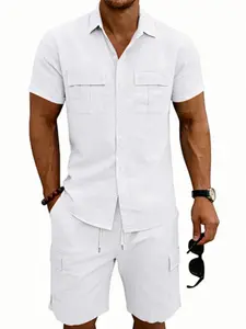 Summer American Linen Loose Breathable Outdoor Casual Beach Workwear Set, Short Sleeve Shirt and Shorts with Pockets, Comfortable and Stylish