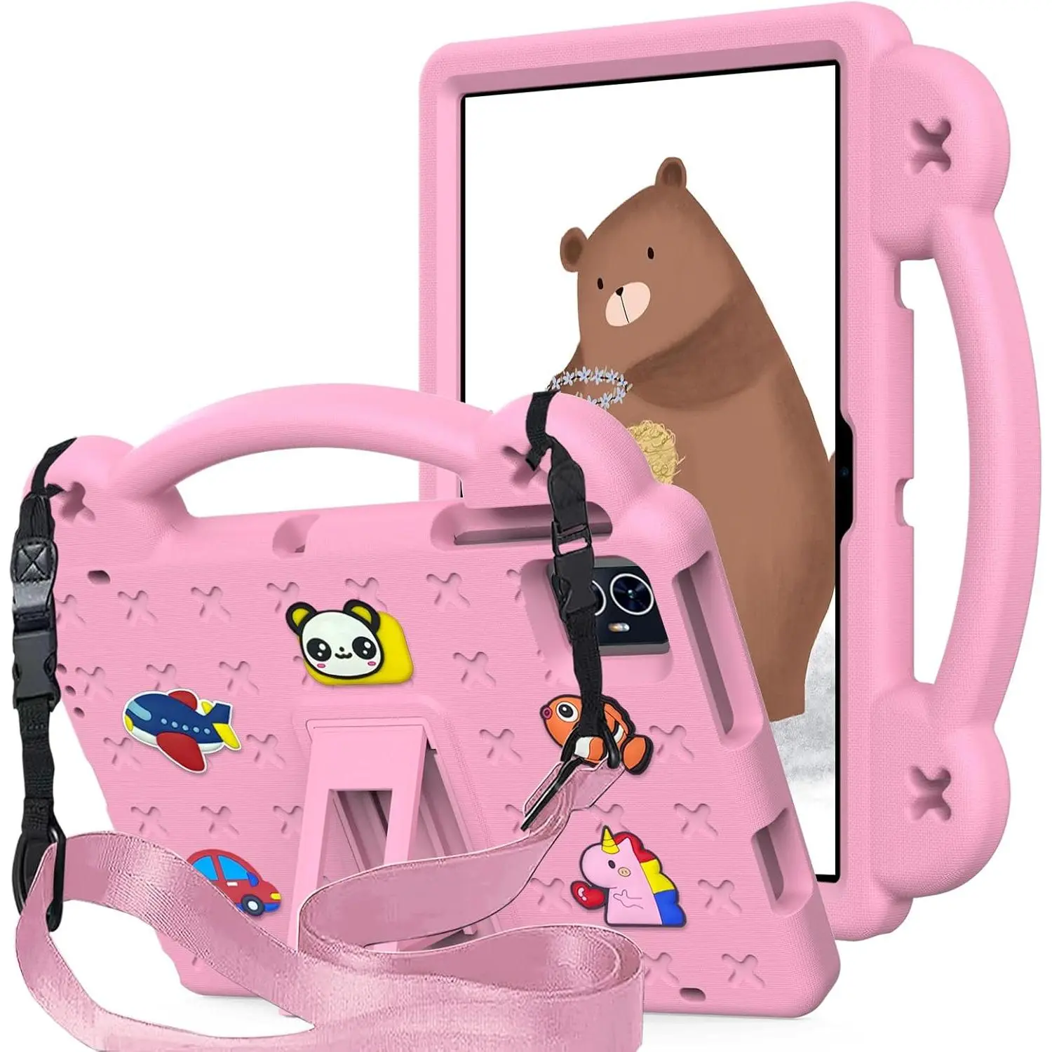 10.1 in T-Mobile Revvl Tab 2 (2025) Cartoon Fig EVA Shockproof Tablet Casing with Padded Corners, Kickstand, Strap + Handle - Protective Accessory