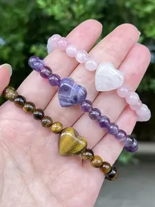 1pc Women's Natural Tiger's Eye, Rose Quartz, and Amethyst Bracelet, High Quality Bracelet - Bohemian Style Heart Bead Jewelry, Suitable as a Gift for Everyday and Special Occasions, Handmade with a Free Greeting Card, Natural Crystal Bracelets
