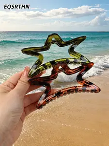 2 Pcs Large Star Hair Claw Clips, Hollow Star Shaped Non Slip Hair Clips, Transparent Tortoise Shell and Olive Green Hair Jaw Clips, Fashion Styling Hair Claw Set for Thick Thin Hair, Casual Daily Wear, Beach Vacatio