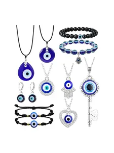 11Pcs Evil Eye Necklace Pendant for Women Men PU Leather Rope Earrings Protection Bracelet Jewelry Set Charms for Daily & Holiday Wear & All Season