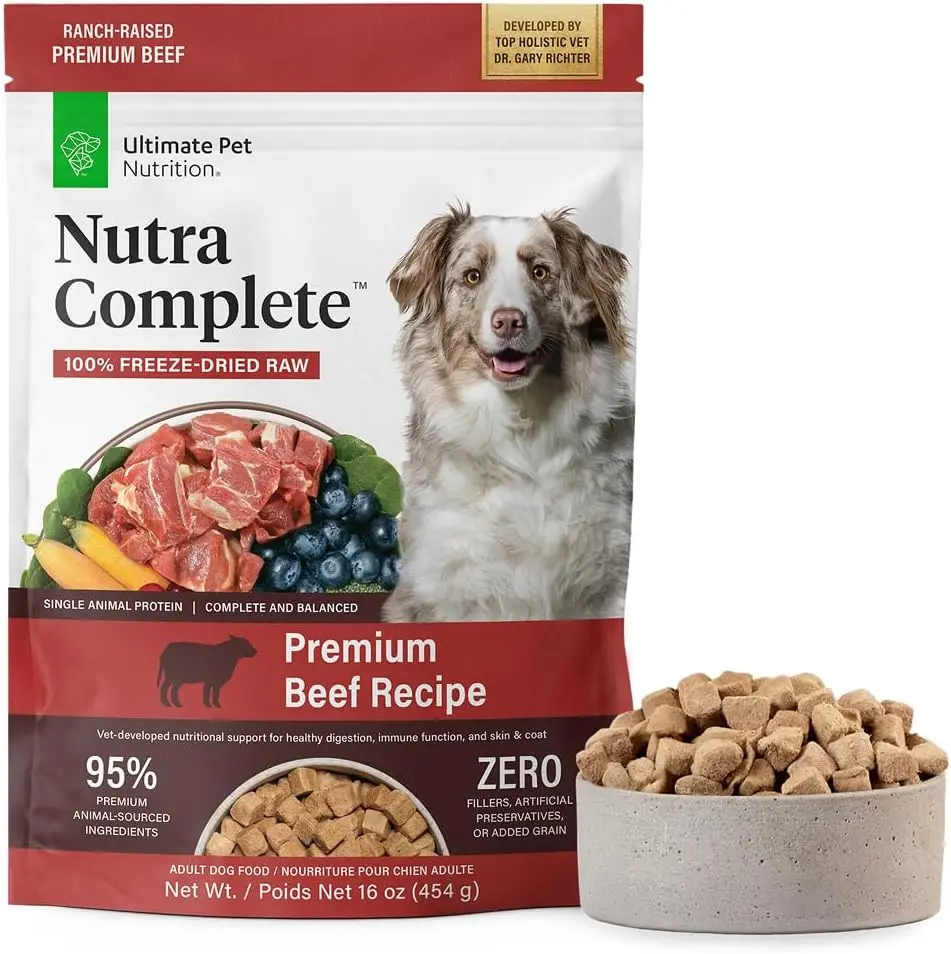 ULTIMATE PET NUTRITION Nutra Complete Freeze-Dried Raw Beef Dog Food, 1lb - Vet-Formulated Dry Dog Food with Antioxidants, Prebiotics, Amino Acids, Full Meal or Topper for Adult Canines of All Breeds & Sizes