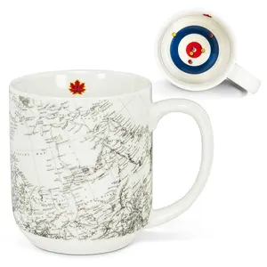 212 MAIN Reuseable Antique Stoneware Coffee Mug - 4" Height, White & Charcoal Canadian Map, Curling House Design, Vintage Vibe Kitchen Drinkware (Reusable, Washable), Reuse