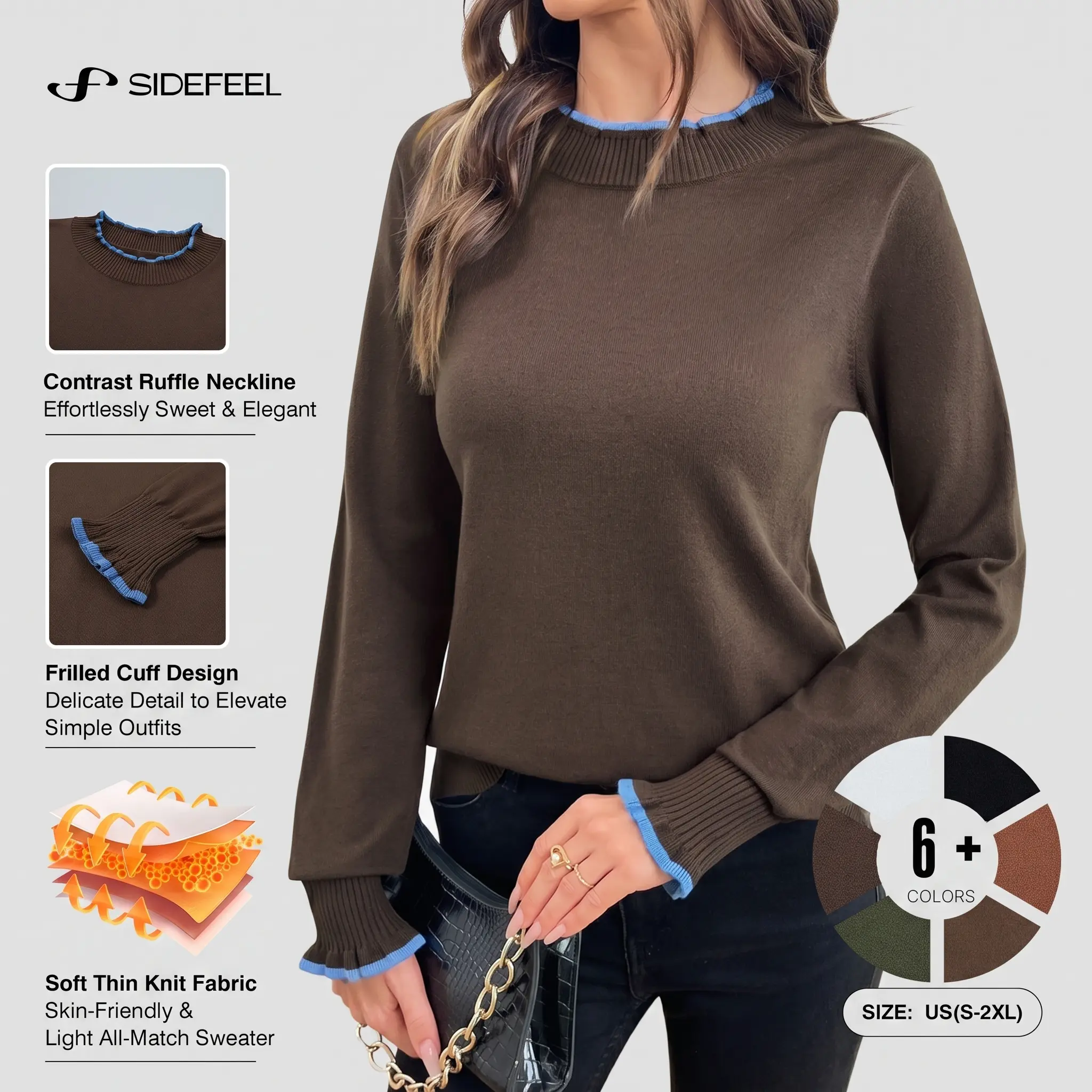 Sidefeel Womens Mock Neck Ruffle Pullover Sweaters | Contrast Frill Edge Jumper Tops, Long Sleeve, Standard Length, Soft Knit, Regular Fit, Versatile Layering Top,Fall and Winter Outfit