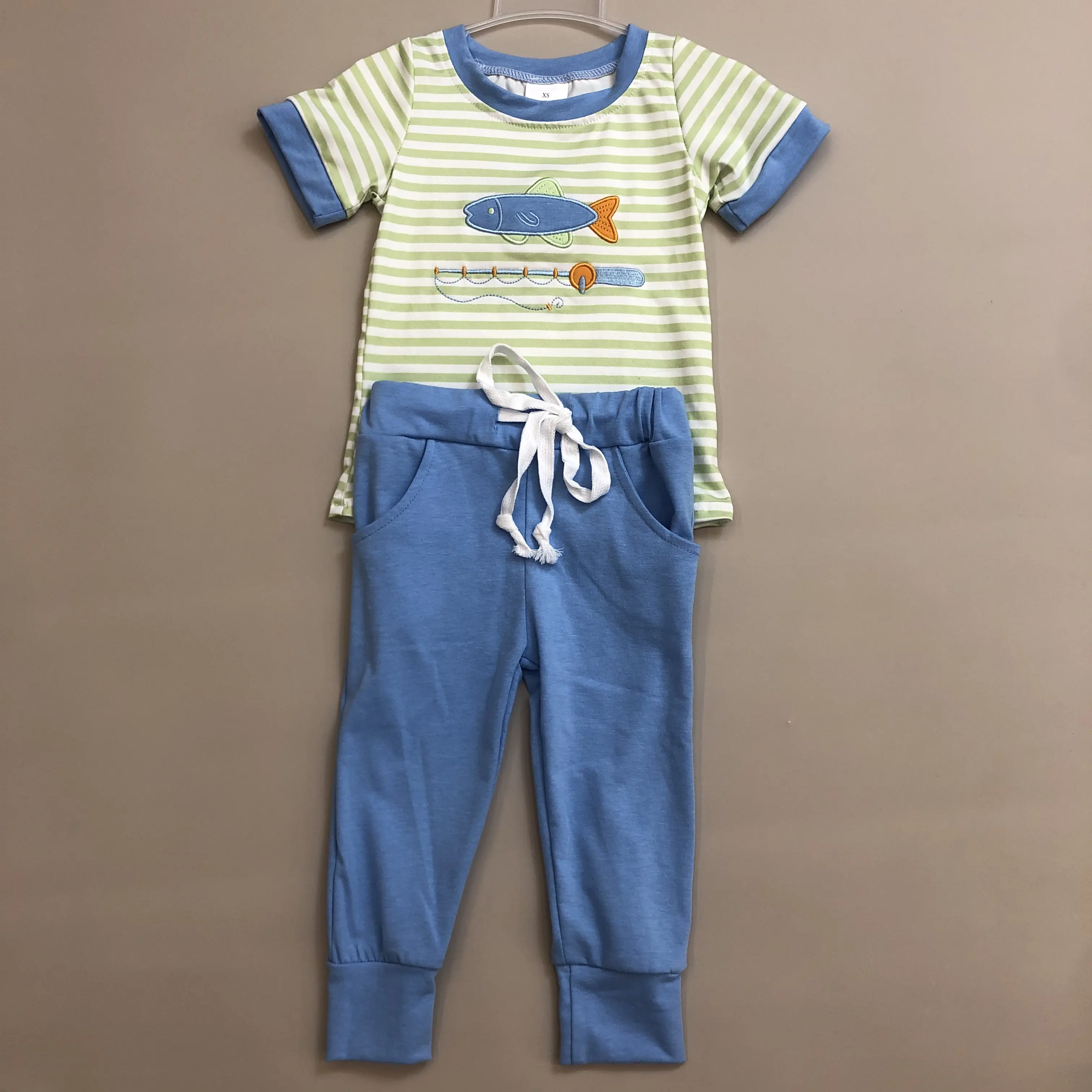 Boys' 2-Piece Summer Pajama Set - Fish Embroidery, Blue Pants, Spring Wear, Style BSPO0612, Pajama Sets, Soft Casual Pajamas
