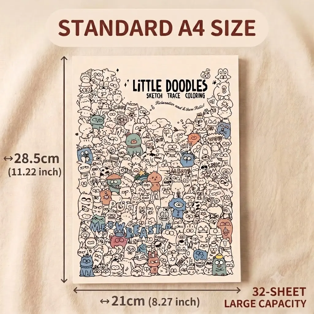 Little Doodles Sketch Trace & Coloring Pad, Easy Peel-Off Pages, 32-Sheet Thick Paper Fun Line Art Pad