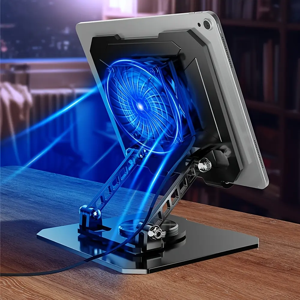 Adjustable carbon steel cooling tablet stand, 360° rotating base with foldable design, height adjustable, carbon steel structure, ideal for streaming, office and entertainment, compatible with PC, tablet
