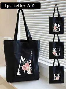 Flower Letter Floral Pattern A-Z Handbag With Pocket Zipper, Ladies Leisure Canvas Handbag, Monogram Tote Bag, Canvas Tote Bags, Summer Beach Bag, Suitable For Vacation, Beach And Daily Life, Is A Gift For Women, Mothers