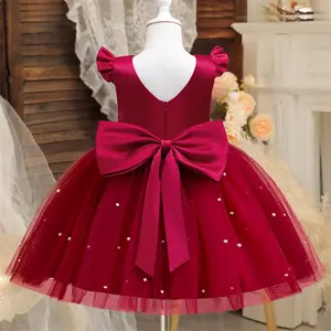 Elegant Girls Princess Dress Flower Girl Backless Bow Beading Tulle Dress 3-8Yrs Kids Birthday Party Performance Princess Formal Gown